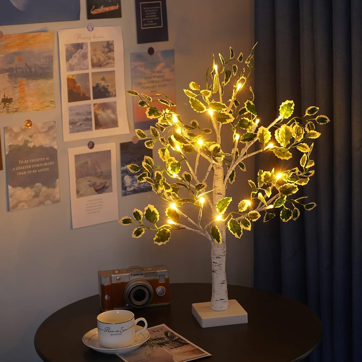 2ft Lighted Birch Tree with Green Leaves & 24 LEDs – USB/Battery Operated Fairy Light Tree with Timer for Christmas, Wedding, Office & Year-Round Indoor Home Decor