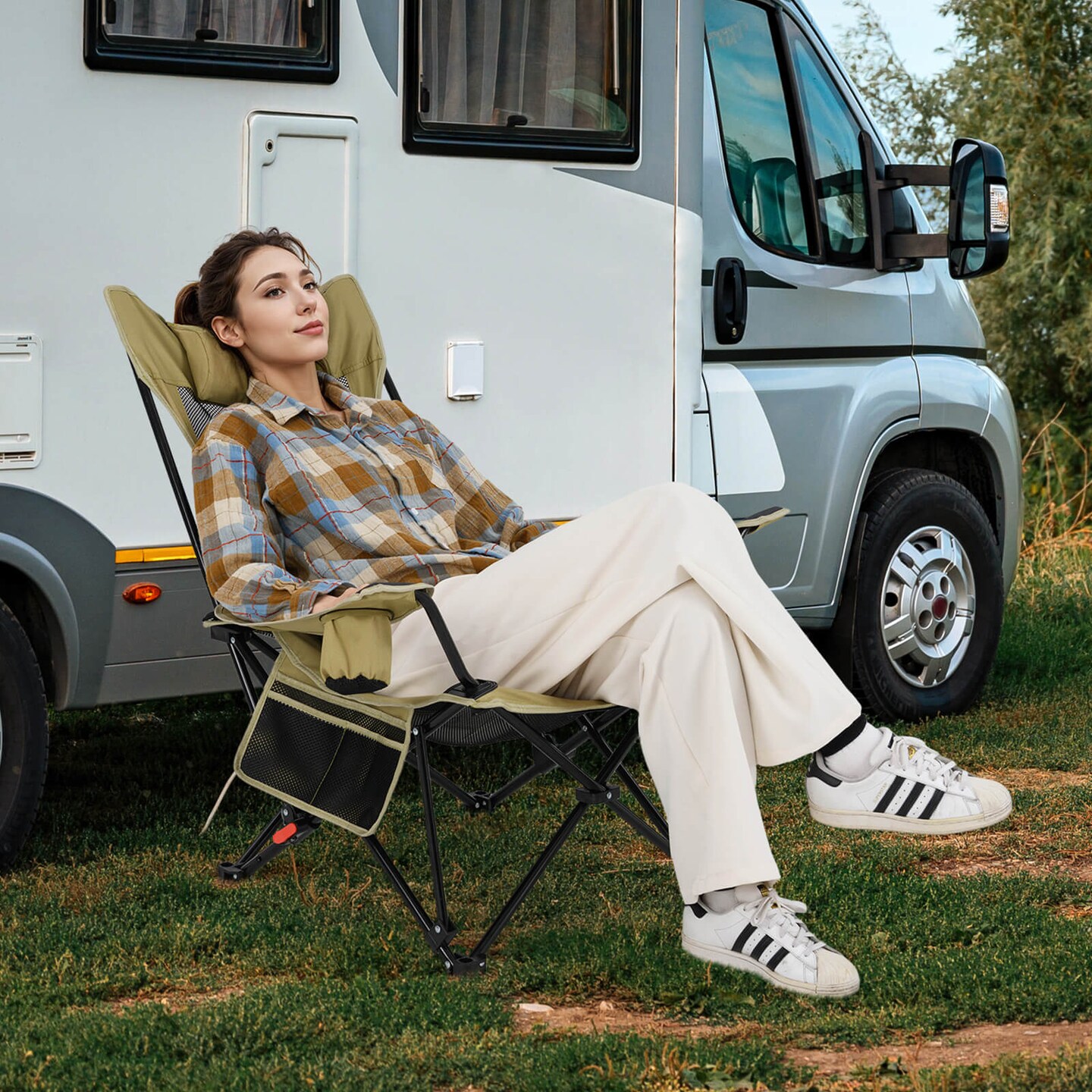 Goplus Camping Lounge Chair with Detachable Footrest & 4-Position Backrest Carrying Bag Green/Gray