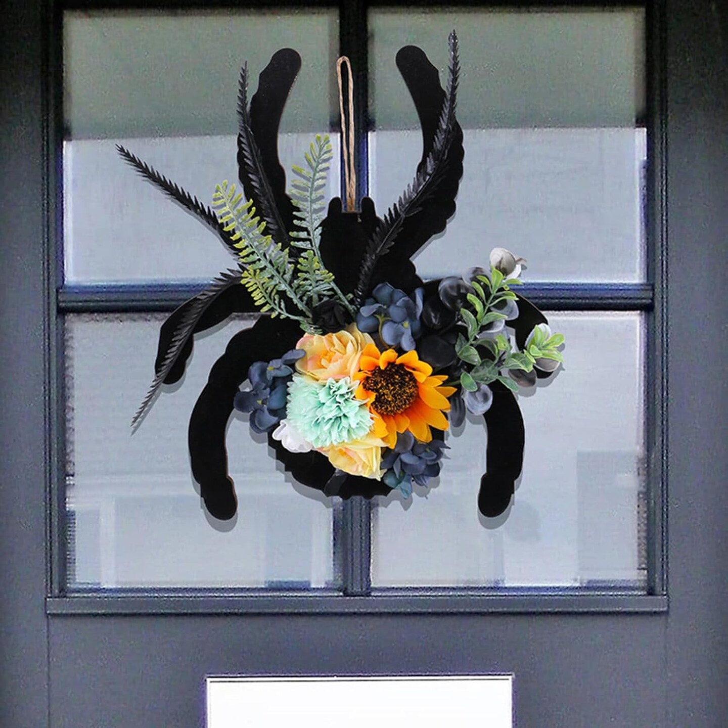 Halloween Spider Wreath with Sunflowers and Black Feathers (Halloween) 2&#x22;D x 9.84&#x22;W x 11.81&#x22;H