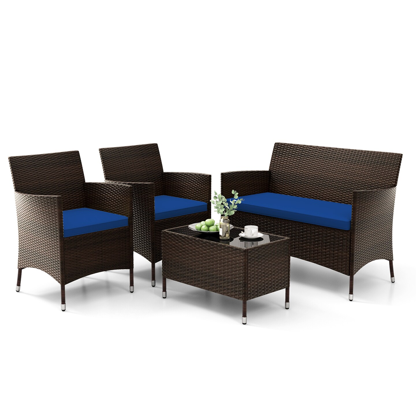 Stylish 4-Piece Patio Furniture Set with Loveseat Single Chairs and Rectangle Glass Coffee Table