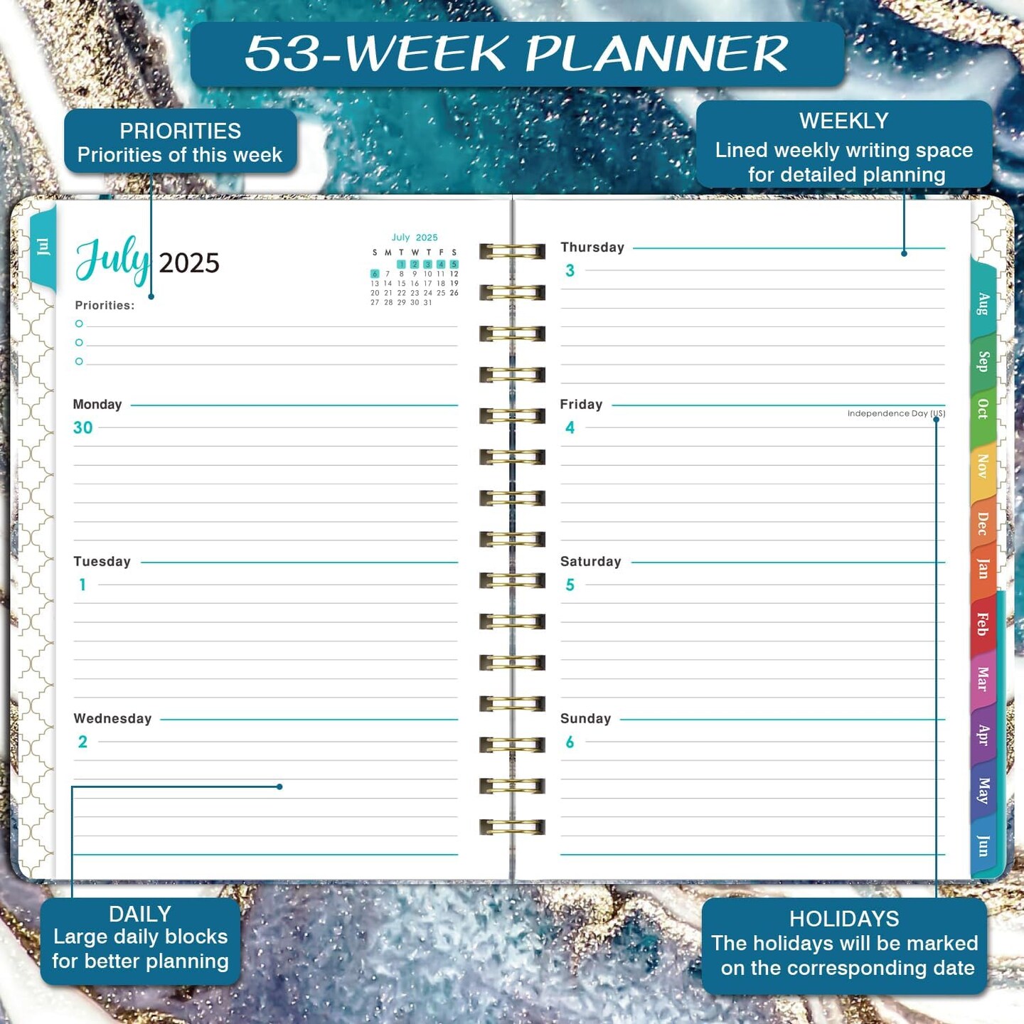 Planner 2025-2026 - 2025-2026 Weekly and Monthly Calendar from July 2025 to June 2026, Academic Planner 2025-2026 with Inner Pocket, Colorful Tabs, 6.4&#x27;&#x27; x 8.5&#x27;&#x27;