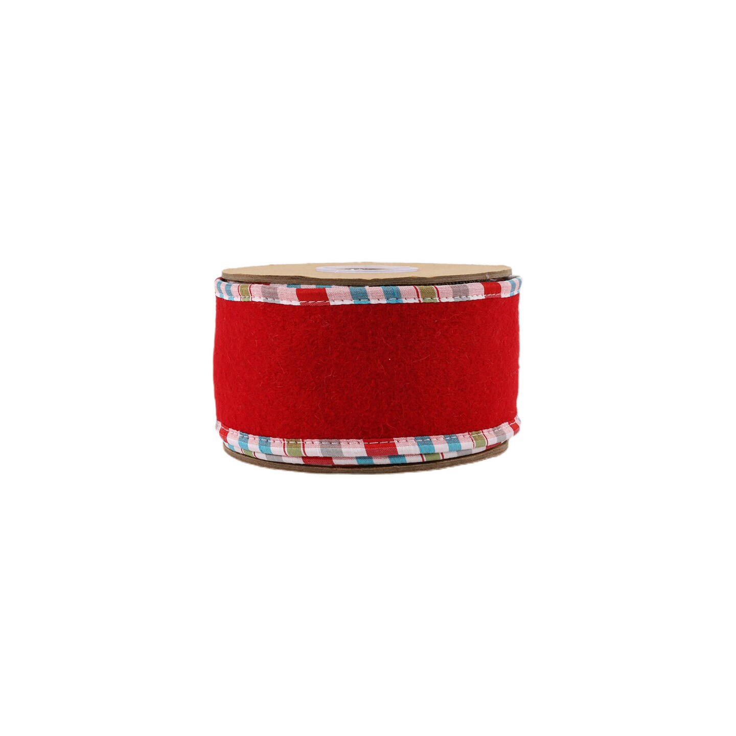 LaRibbons 4" - 2 1/2" Wired Ribbon | Red Felt w/ Teal Plaid Edging | 5 Yard Roll
