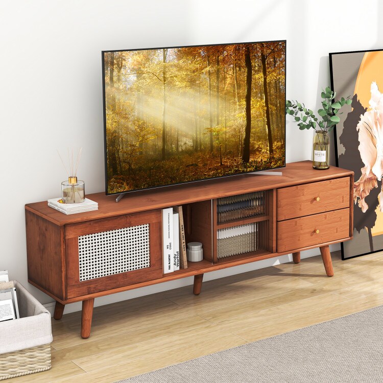 Brown Wooden TV Stand with Drawers and Adjustable Shelves Large Rattan Glass Storage Cabinet for TVs up to 65 Inches
