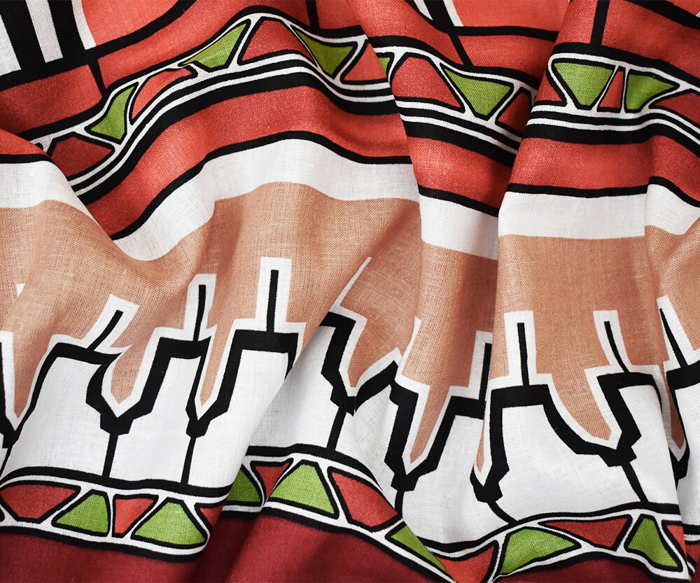 Red-Green-Multi Abstract Aztec Stripe Pattern Printed Linen Woven Fabric By the Yard