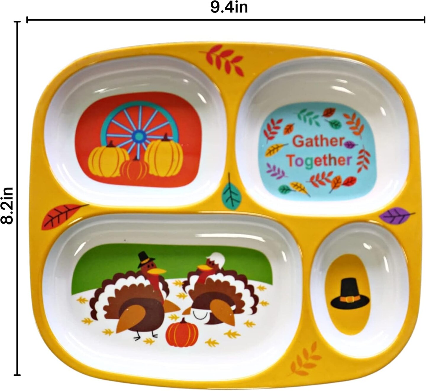 4E&#x27;s Novelty 4 Pack Fall Thanksgiving Melamine Dinnerware Set for Kids &#x2013; Sectioned Toddler Plates with Dividers, BPA-Free, Break Resistant, Dishwasher Safe, Autumn Harvest Plates for Toddlers