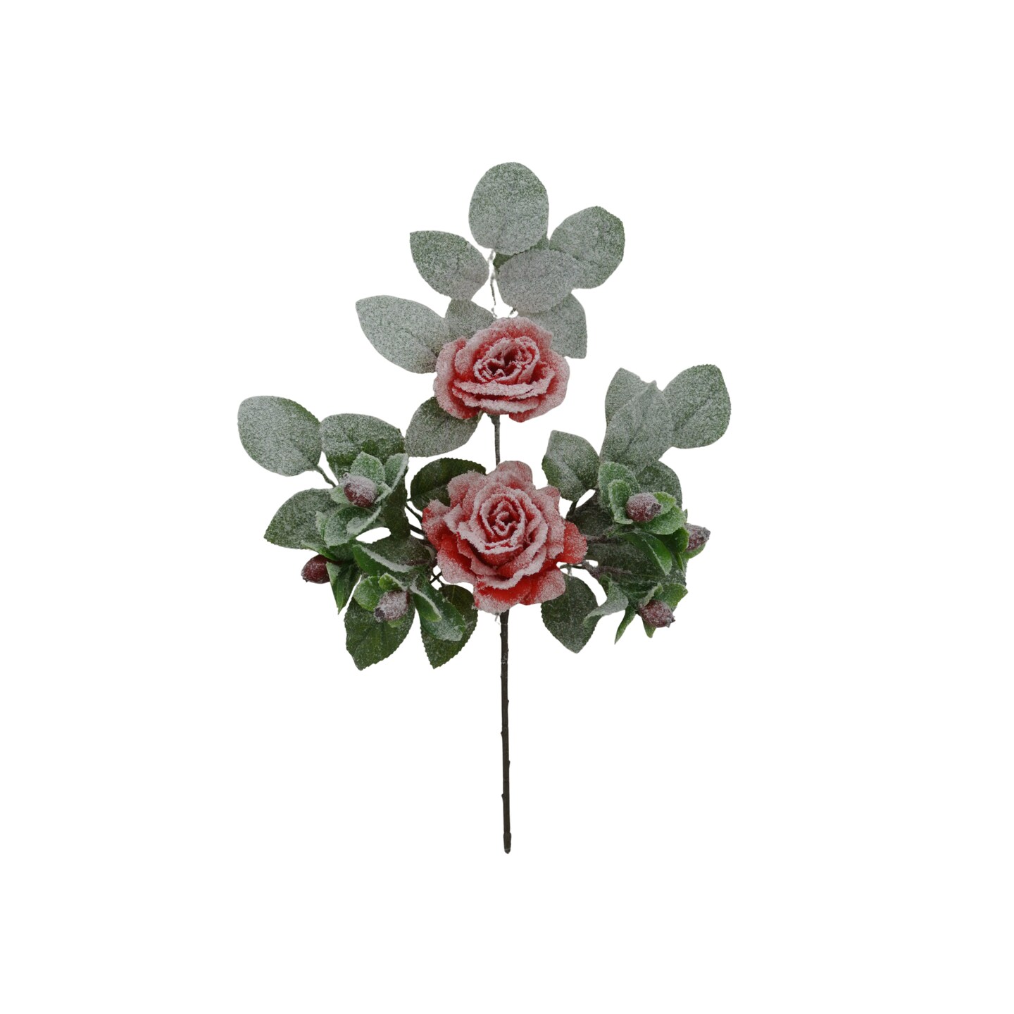 18&#x22; Red Rose Berry Spray &#x2013; Flocked Artificial Rose Stem for Holiday Arrangements-83754-RD