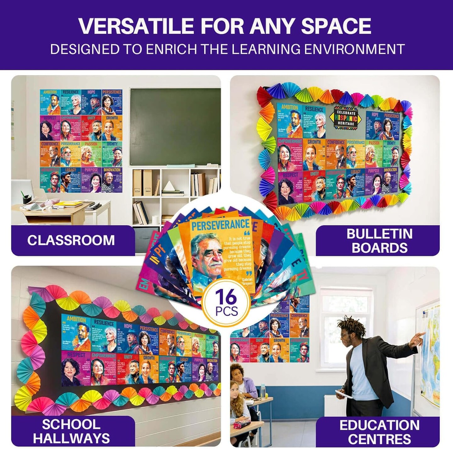 16pcs English Motivational Posters,Hispanic Heritage Month Decorations Posters