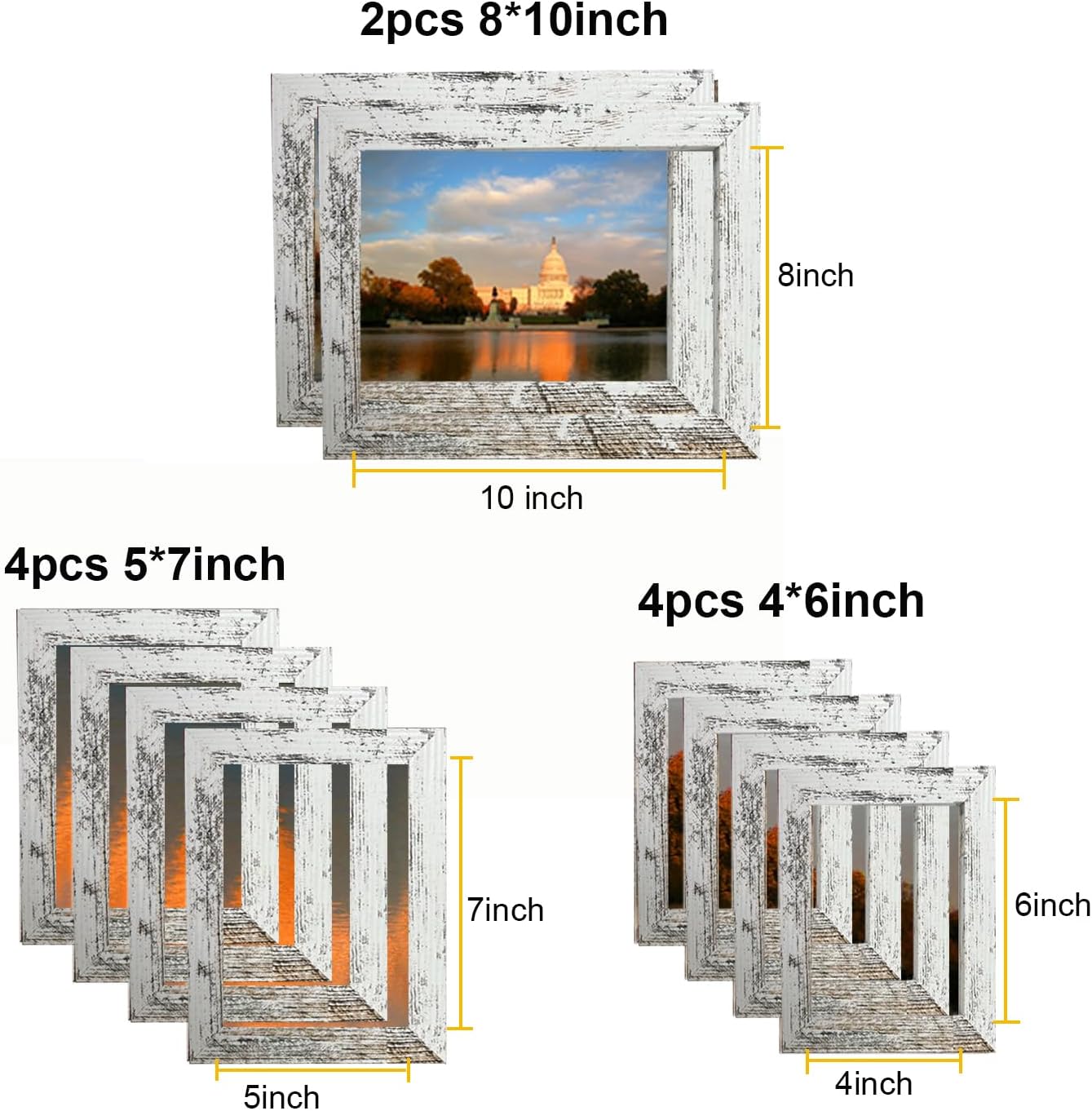 10 Pack Picture Frame Sets with Different Finishes & Sizes - 8x10, 5x7, 4x6 Frames (Rustic White)