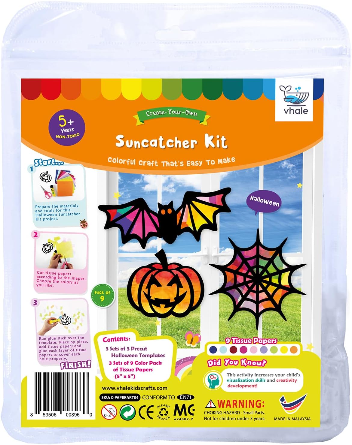 3 Sets Suncatchers Kid Craft with Tissue Papers Stained Glass Effect - 9 Cutouts (Halloween)