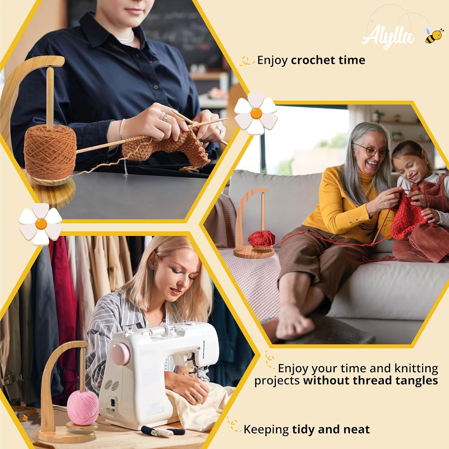 Wooden Yarn Holder and Spinner, Crochet Organizer for Balls, Skeins and Spindles