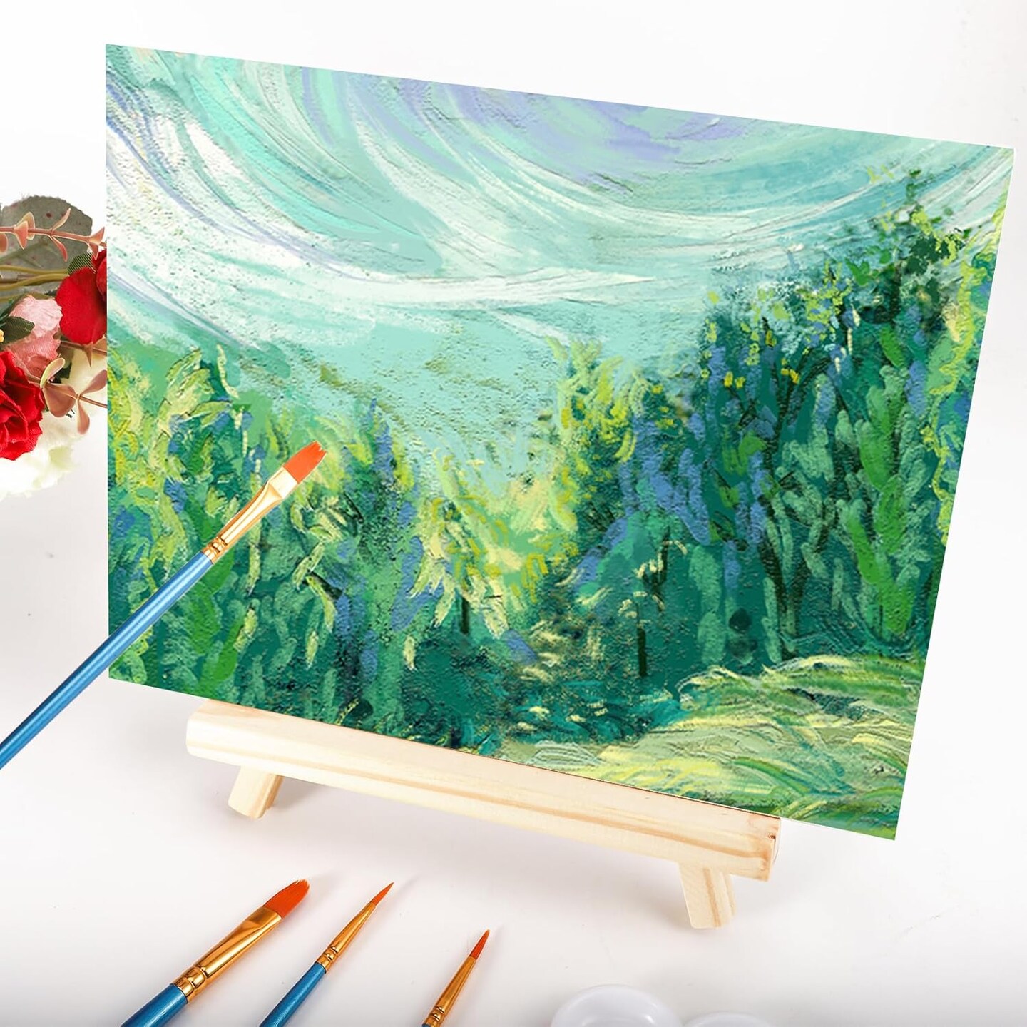 20 Pack Mini Canvas and Easel Set(20 Pack 4x4 in Mini Canvases, with 10 Brushes &#x26; 5 Paint Tray)