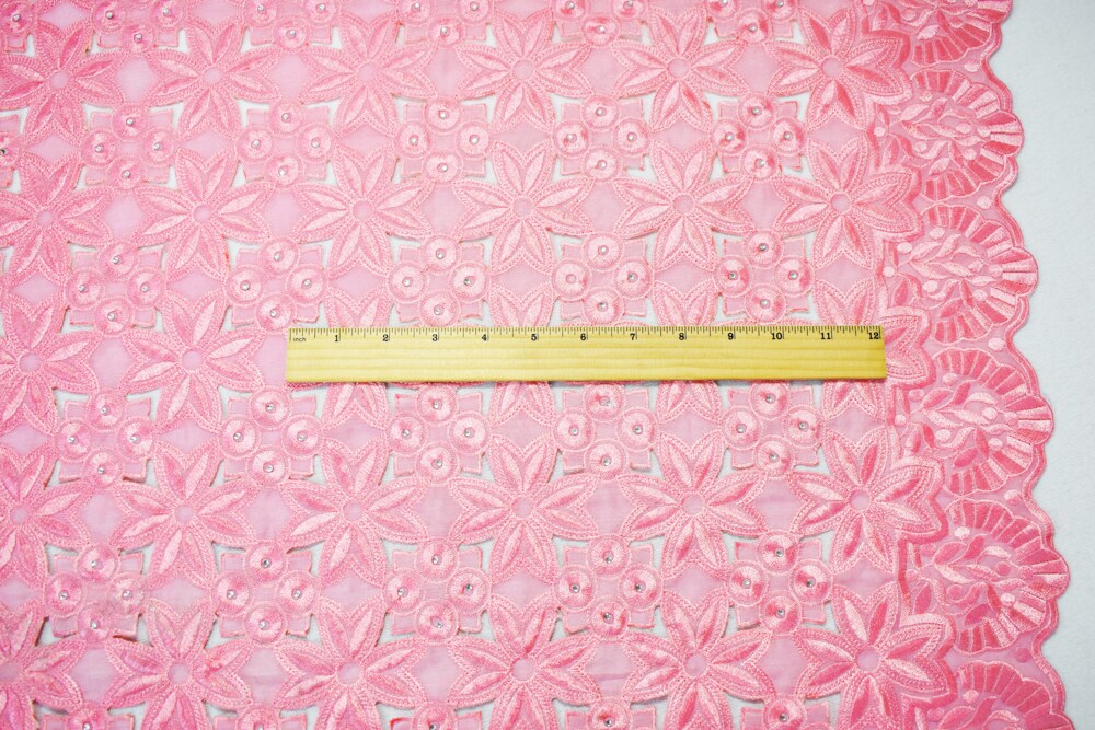 Pastel Pink Polyester Floral Circle Scalloped Rhinestone Woven Fabric By the Yard