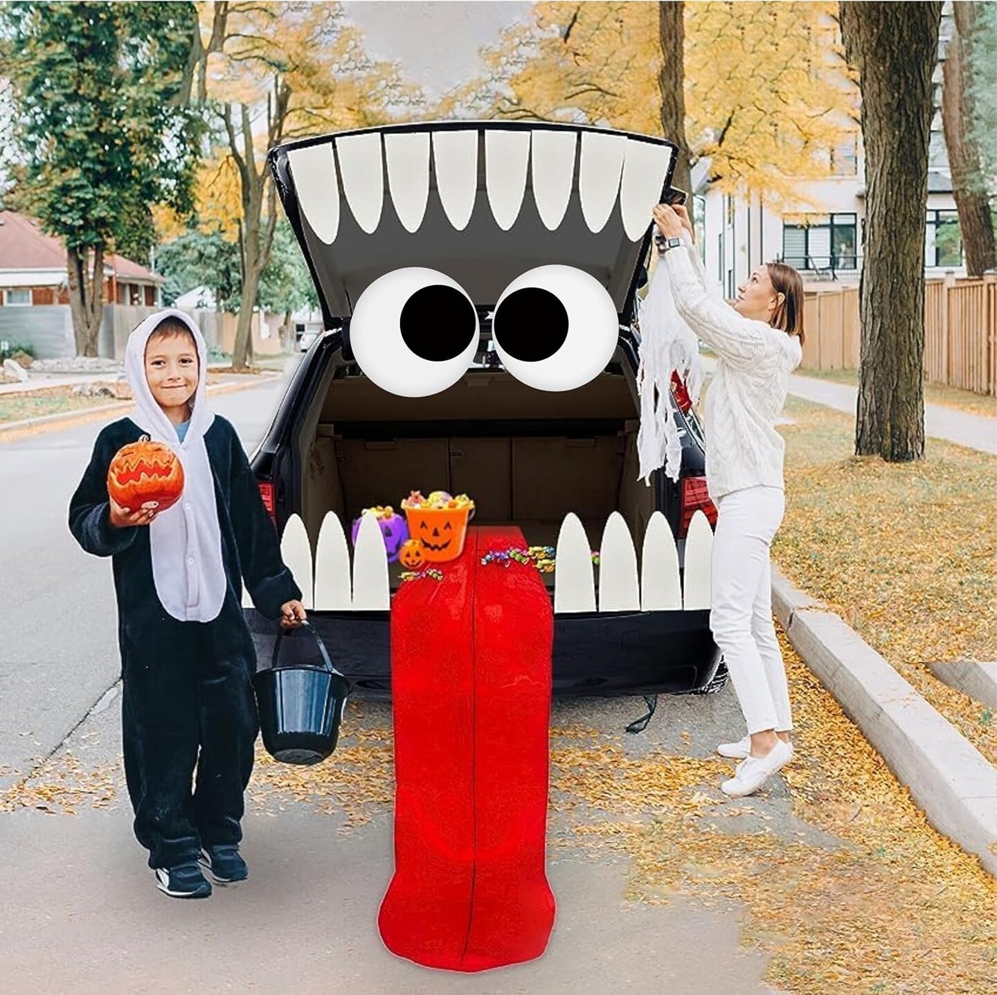 4E&#x27;s Novelty Monster Trunk or Treat Car Decoration Kit - Huge Tongue Monster Face with Teeth &#x26; Tongue - Reusable Waterproof Halloween Car, SUV, Garage Door &#x26; Outdoor Party Decorations