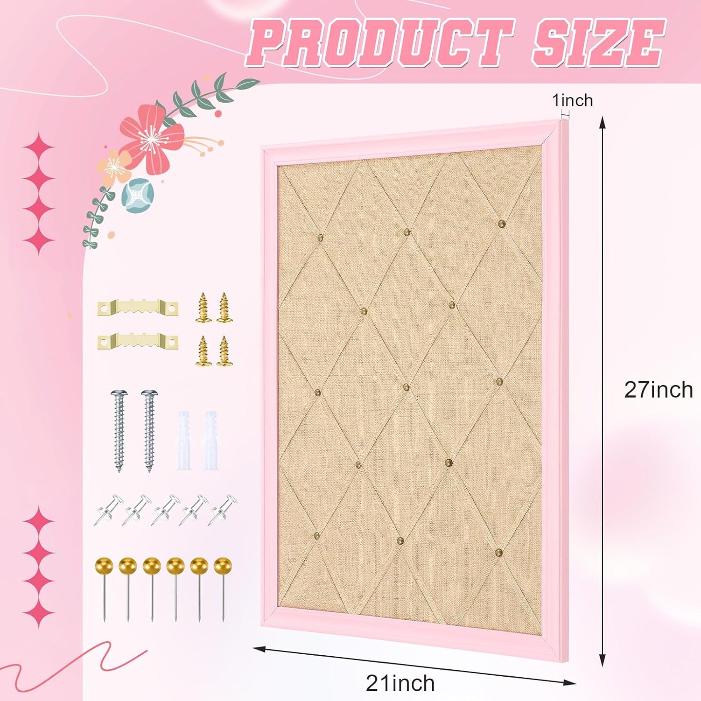 Pink Bulletin Cork Board with 20 Pushpins - 21&#x22;&#xD7;27&#x22;