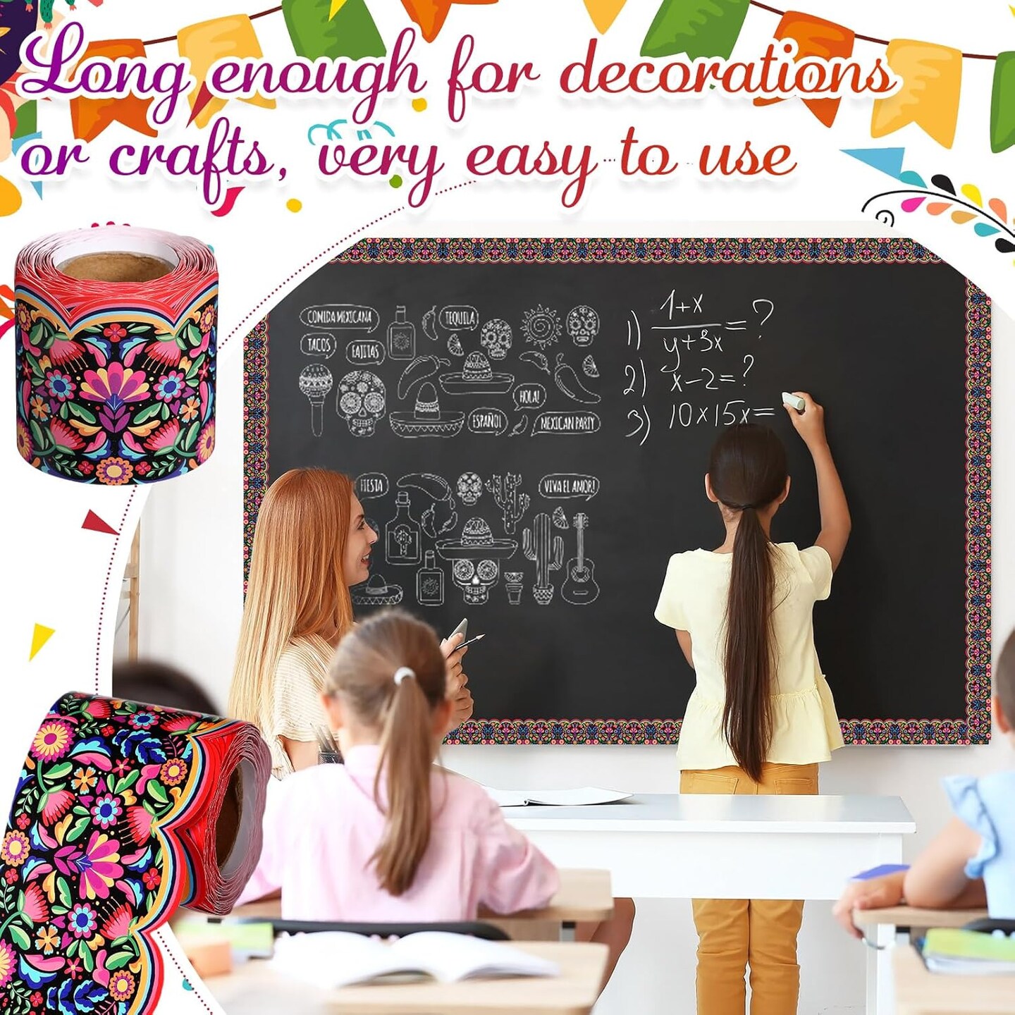 32.8 ft Mexican Bulletin Board Borders Spanish Bulletin Border (Multicolor)