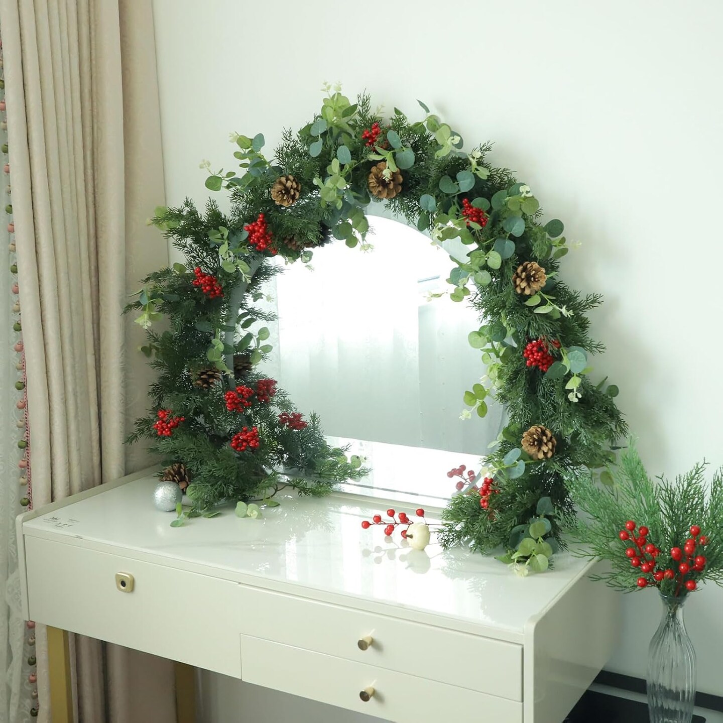 Artificial Pine Cypress Garland with Berry and Pinecone(Greener)