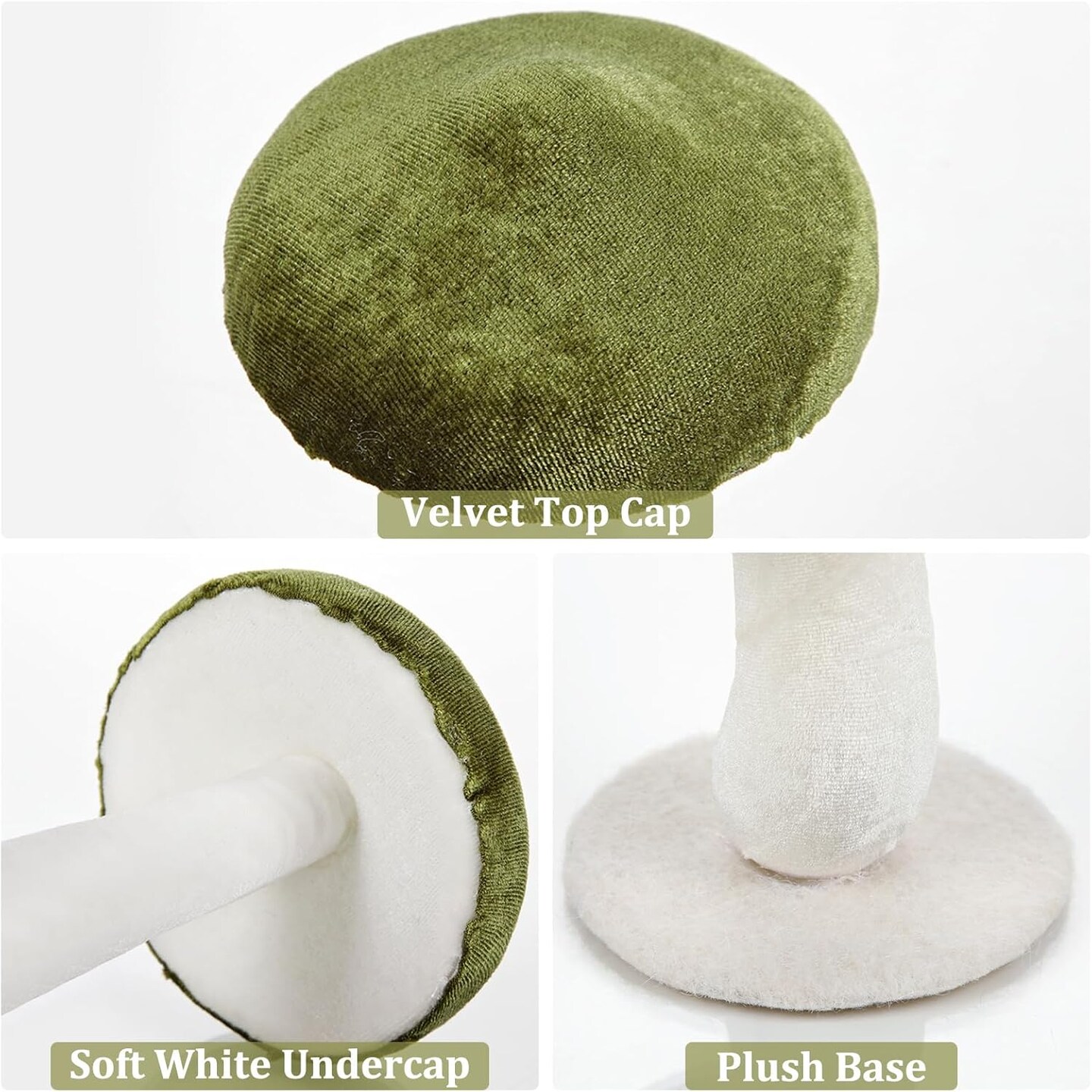 Velvet Mushrooms 3 Pack Green & White Artificial Mushroom Set Fake Fruits for Easter Home Wedding Party Table Centerpiece Display