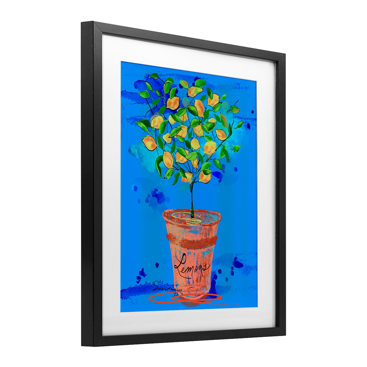 Stupell Industries Potted Lemons Vivid Blue Framed Print Under Glass, design by Susan Lugar
