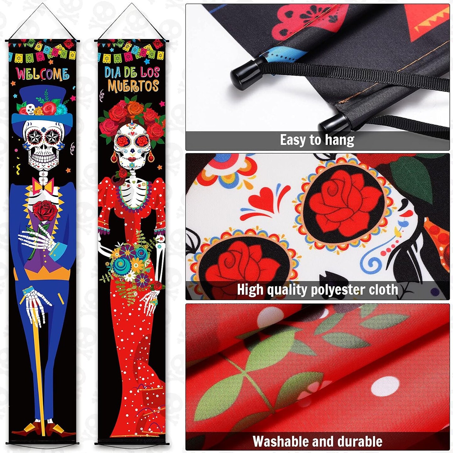 2 Pieces Day of The Dead Porch Sign Dia De Los Muertos(Multicolor)70.9"L x 11.8"W