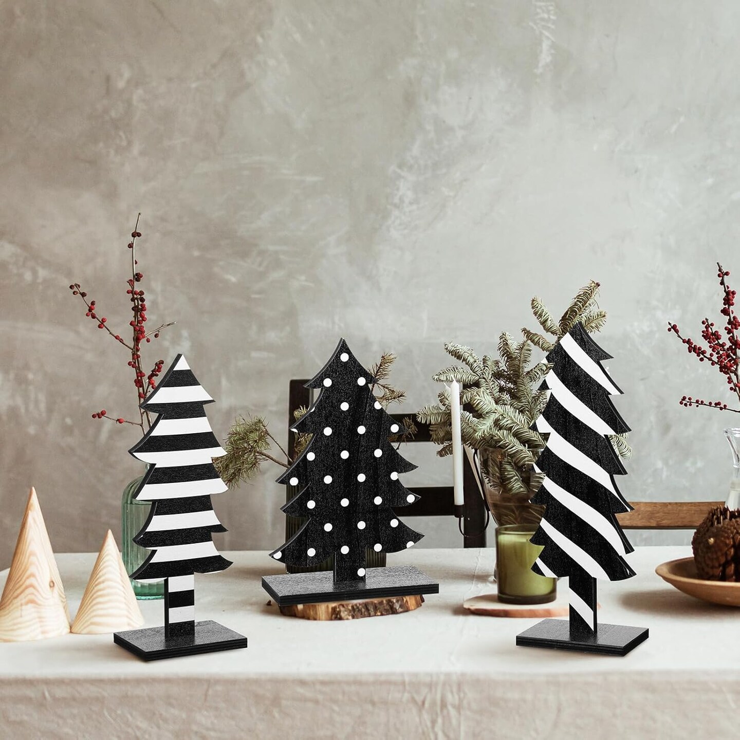 Black and White Wooden Christmas Tree Centerpieces (3 Pcs)