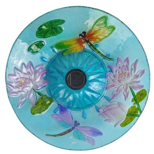 Decorative Glass Bird Bath with Solar Powered LED Light and Metal Stand for Garden Patio