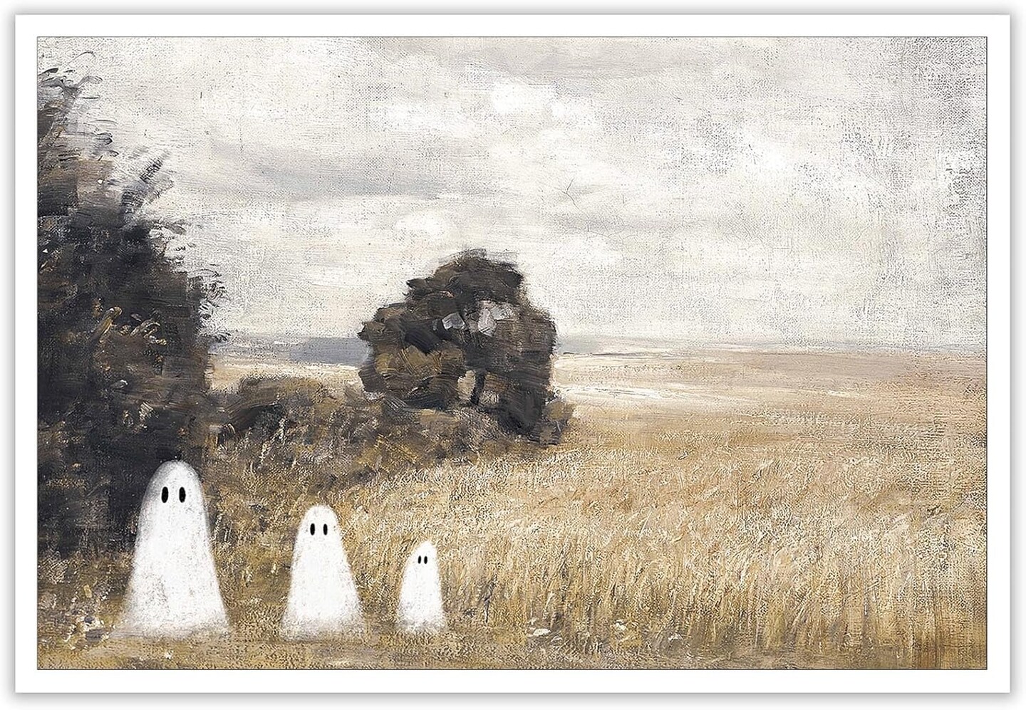 Cute Ghost Haunted Forest Canvas Wall Art – Vintage Halloween Spooky Poster 12x16 Inch | Dark Academia Aesthetic Funny Ghost Painting Unframed Home Decor