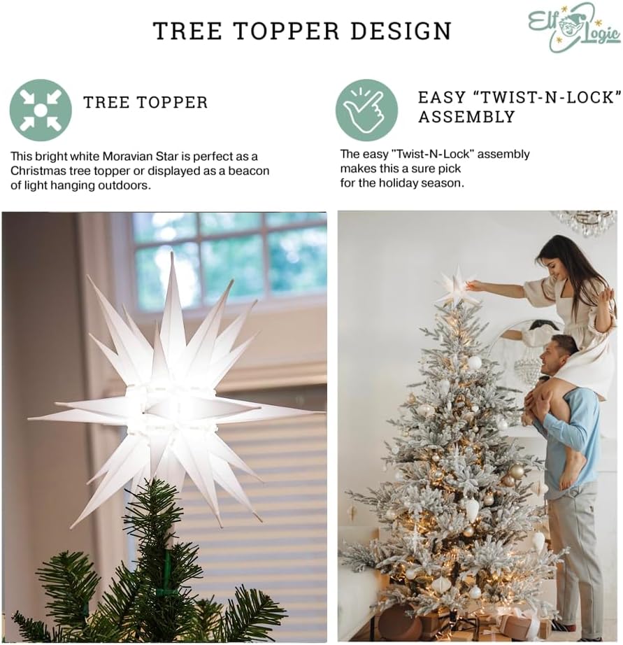 12" Bright White LED Moravian Star Tree Topper - Hanging Outdoor/Indoor Christmas Tree