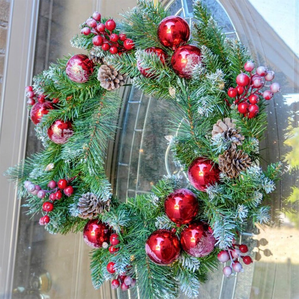 Haute Decor 24 Inch Frosted Ithica Pine Wreath with Soft White LED Lights and Auto Timer - Artificial Pre-Lit Christmas Wreath