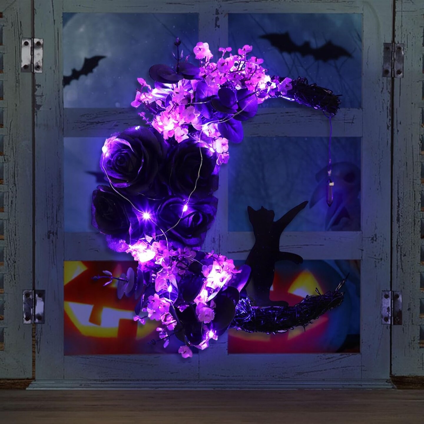 Halloween Wreaths For Front Door (Moon Cat - Purple)