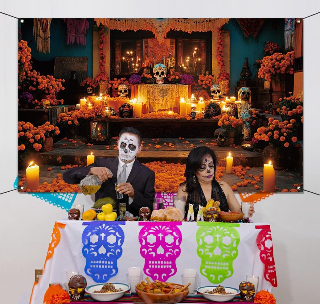 Day of The Dead Photo Booth Backdrop D&#xED;a De Los Muertos Decoration(multicolor)3.6ft x 5.9ft