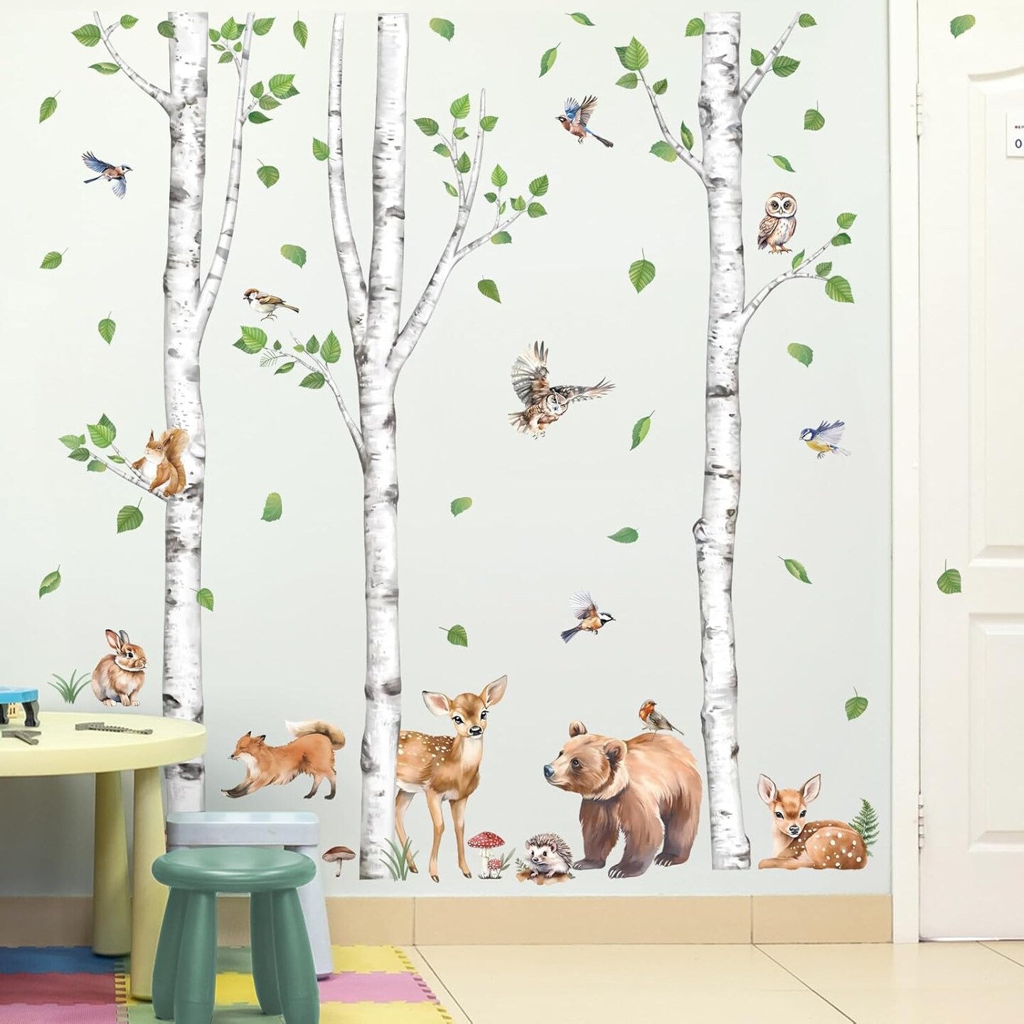 Large Birch Tree Animals Wall Stickers Forest Owl Fox Bear Deer Peel (Multi)