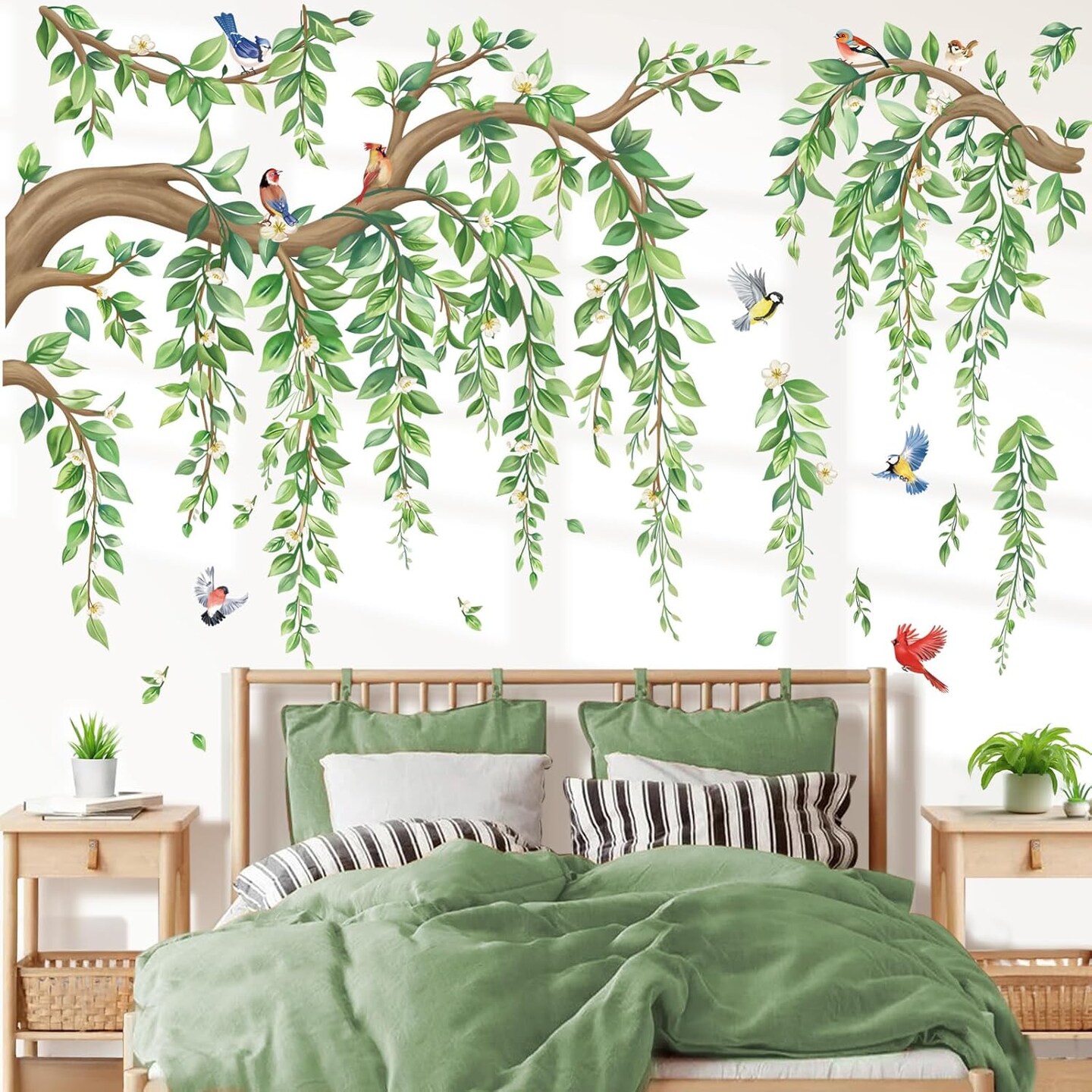 Large Tree Branch Hanging Vine Wall Stickers Green Leaf Flower Birds Peel (Multi)