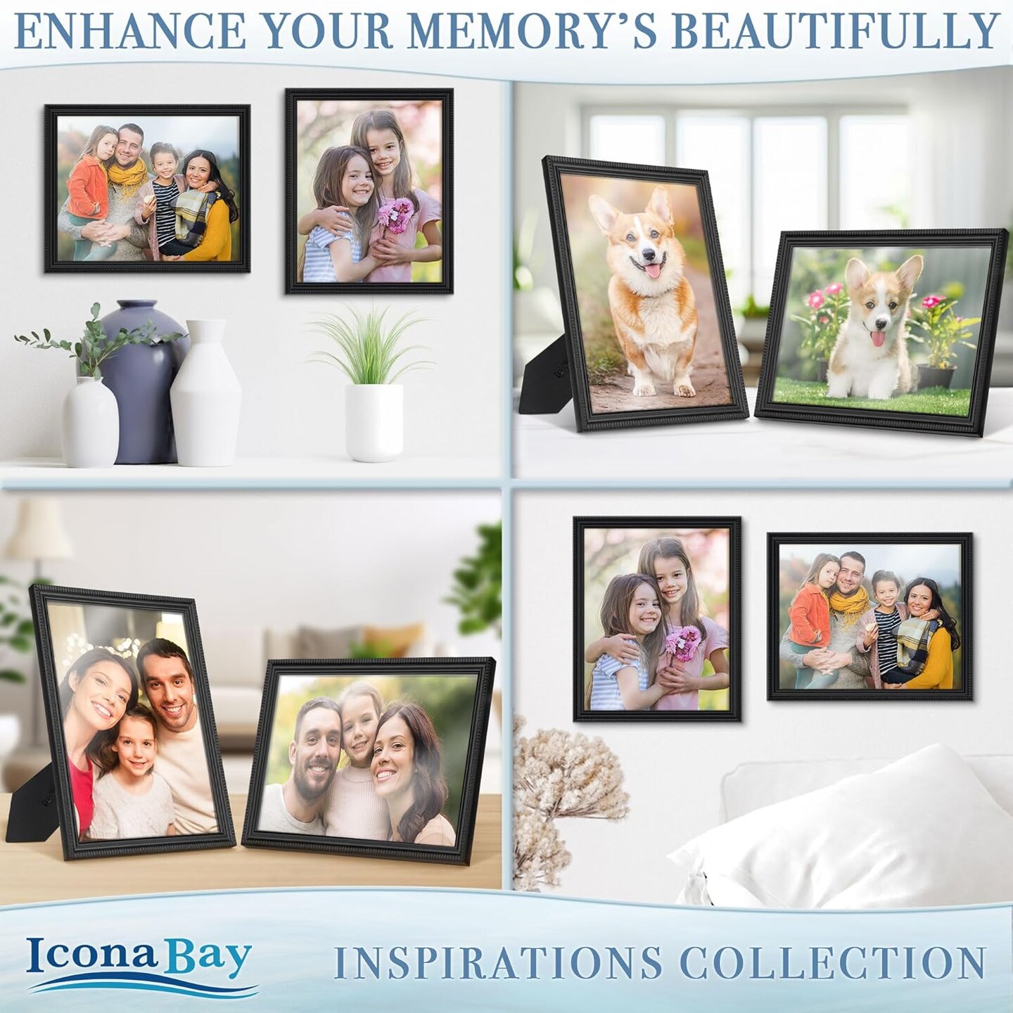 5x7 Picture Frames (Black, 12 Pack), Beautifully Detailed Molding, Contemporary Picture Frame Set, Wall Mount or Table Top, Inspirations Collection