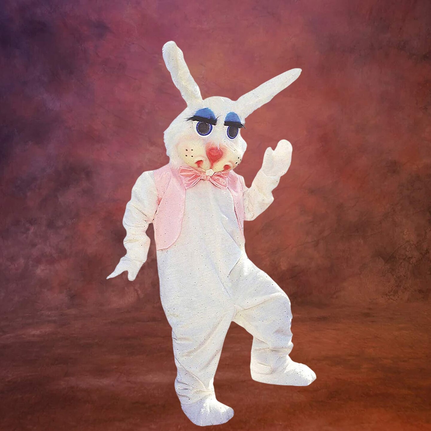 Peter Rabbit Adult Costume White Faux Fur Jumpsuit Vest Tie Mitts and Oversized Head