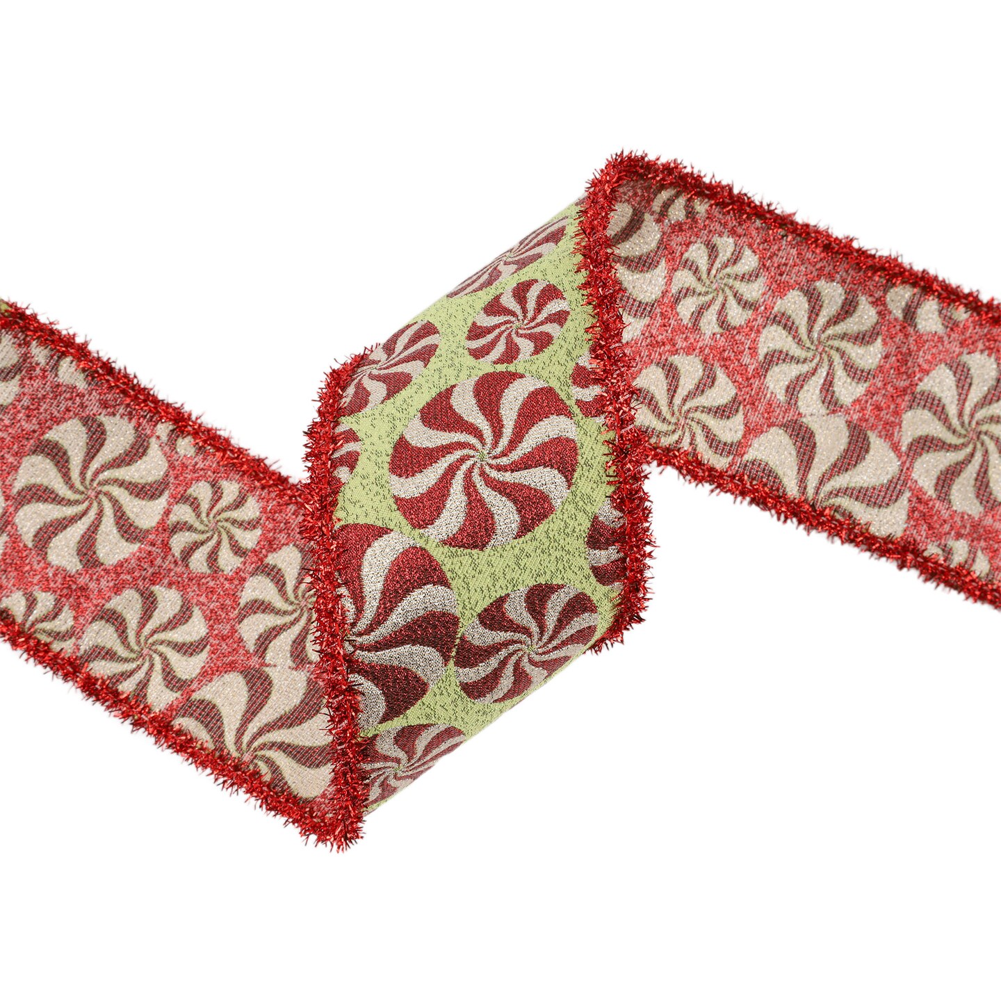 LaRibbons 4" - 2 1/2" Wired Jacquard Ribbon | Peppermint on Fuschia w/ Tinsel Edge | 5 Yard Roll