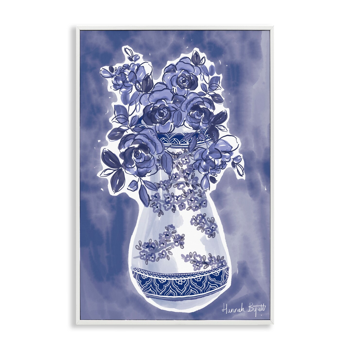 Stupell Industries Chinoiserie Vase on Blue Framed Giclee, design by Hannah Byatt