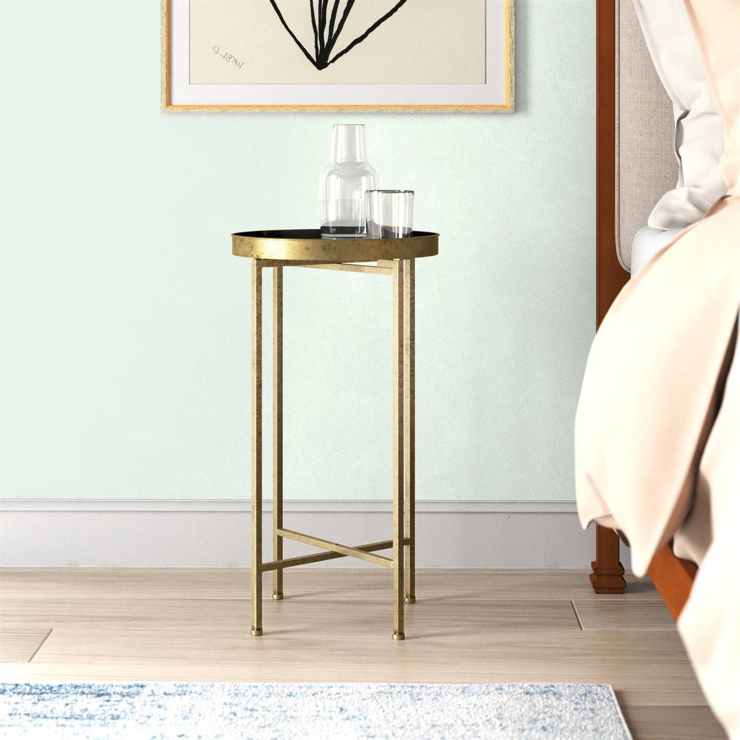 Gold Finish Metal Round End Table Nightstand with Removable Tray Top