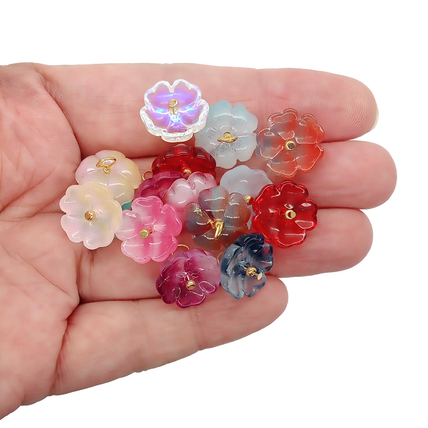 Glass Flower Bead Dangles, 15 pcs, Mixed Colors with Gold Wire, Adorabilities