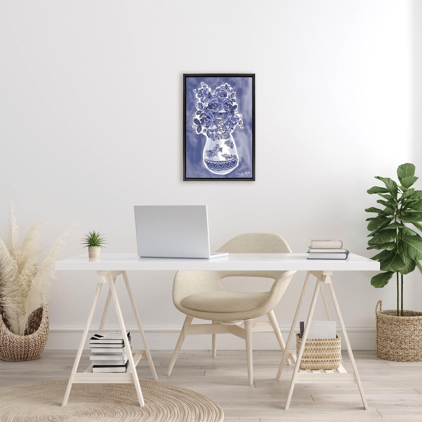 Stupell Industries Chinoiserie Vase on Blue Floating Frame, design by Hannah Byatt