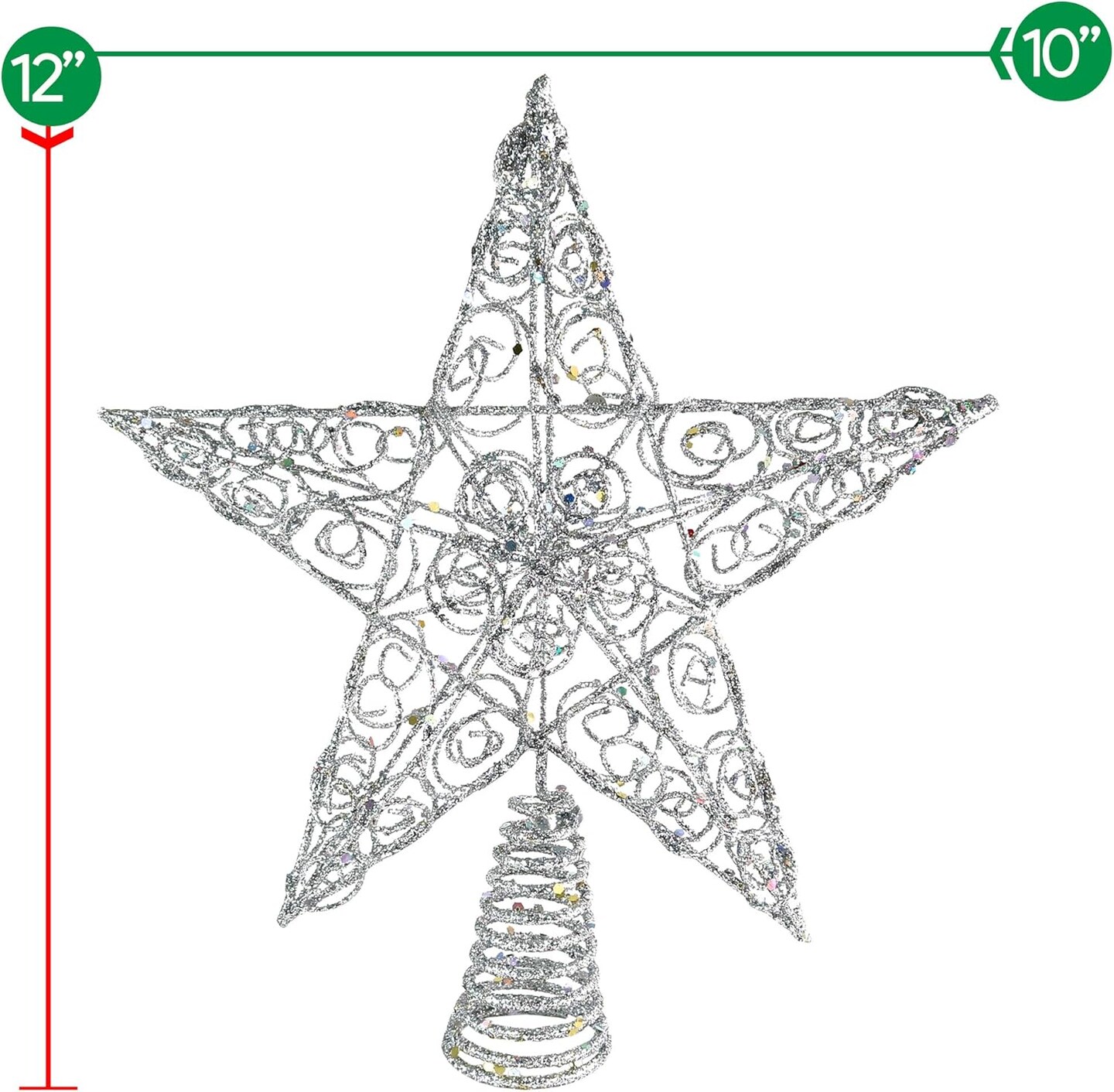 Silver Star Tree Topper - Christmas Swirl Design Sparkle 3-D Dimensional Hallow Xmas Trees