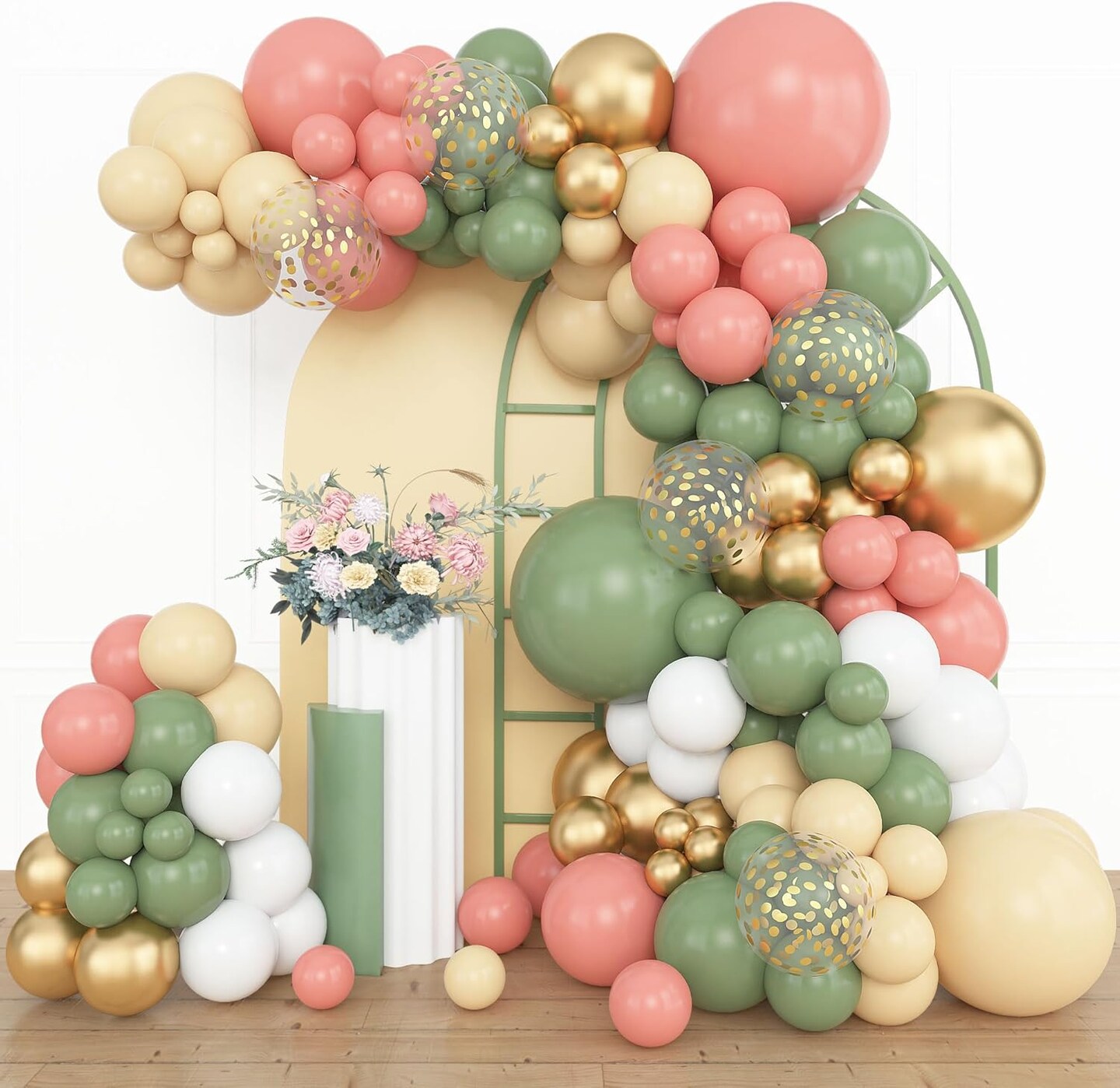 153pcs Retro Green Pink Balloon Garland Arch Kit (Pink Sage Green) 18", 12", 10", 5"