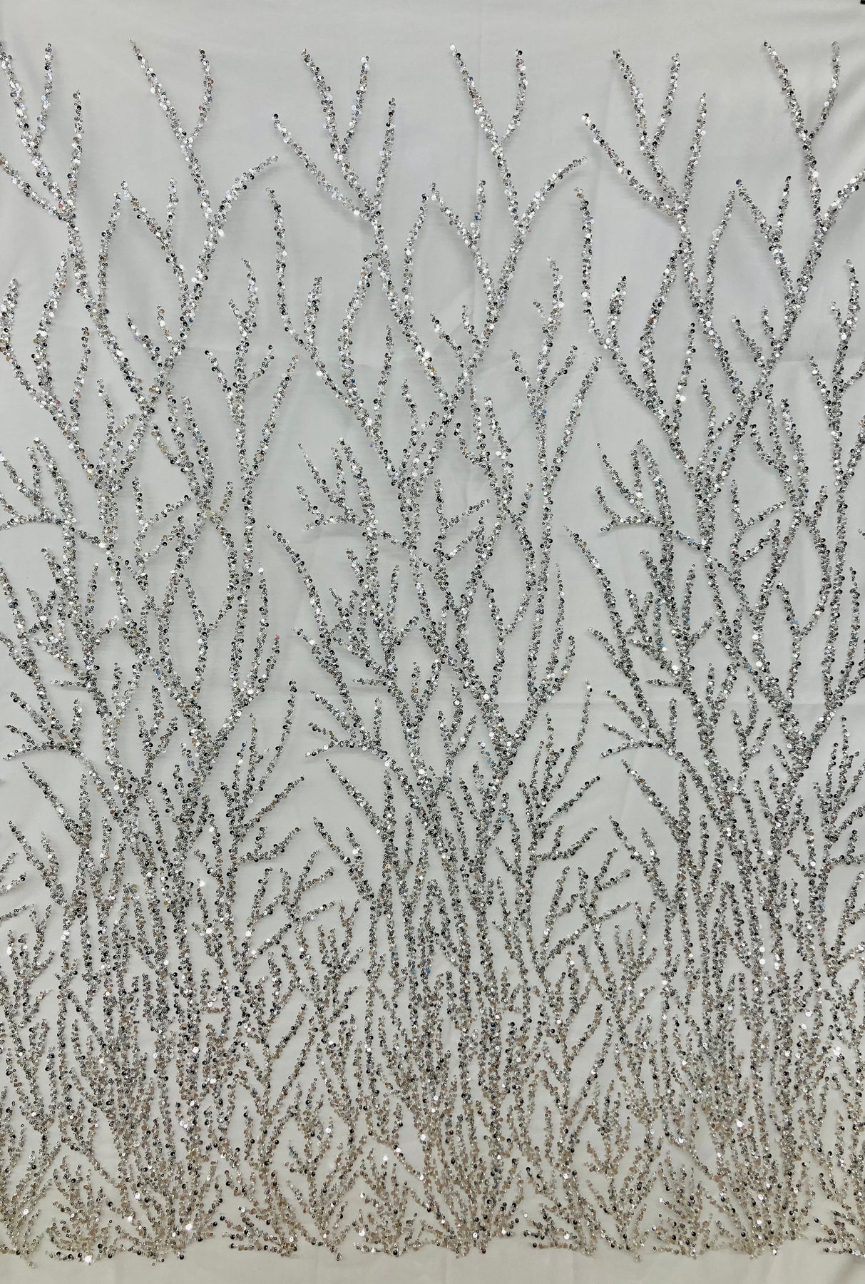 1 Yard Silver Beaded Sequined Lace Fabric Embroidered on Polyester Net Mesh 53 inch Width