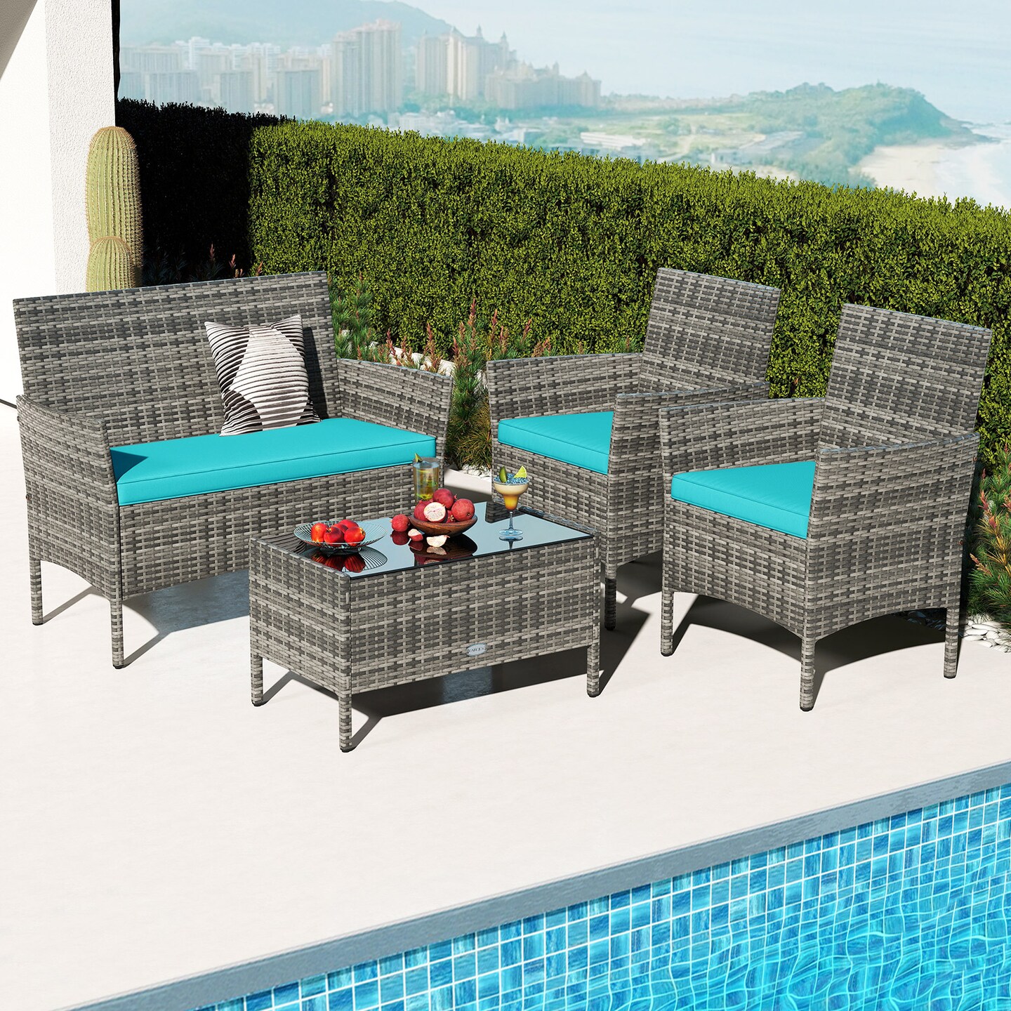 4-Piece Mix Grey Rattan Patio Furniture Set with Loveseat Chairs and Tempered Glass Table