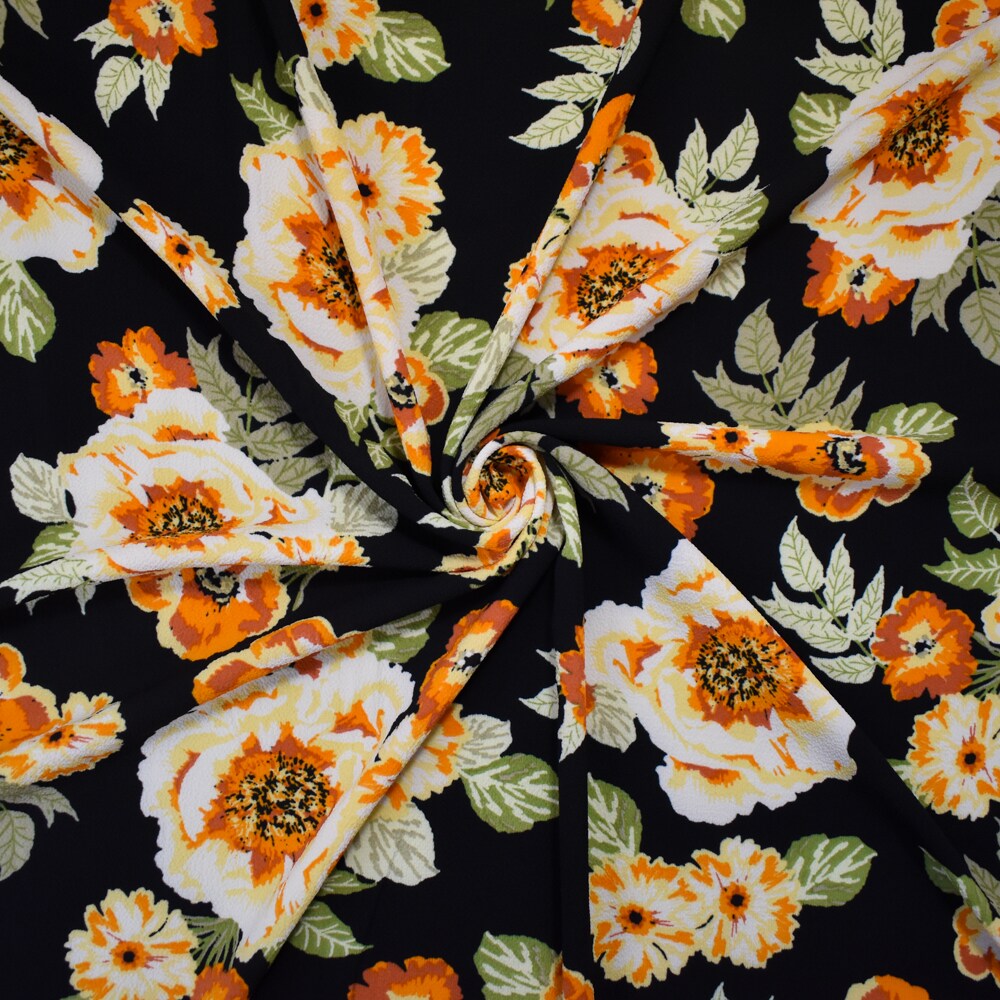 Black-Orange-Multi Poly Floral Stripe Geometry Border Print Pebble Crepe Woven Fabric By the Yard