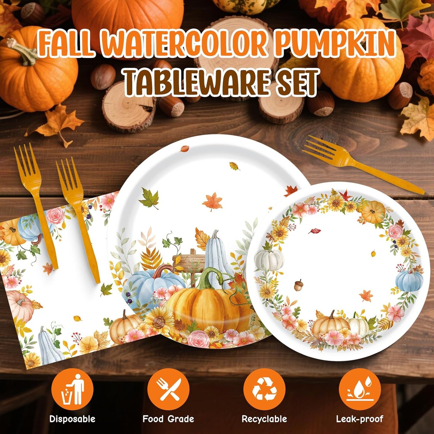 99 Pcs Thanksgiving Plates and Napkins Party Supplies (Fall Pumpkin - 99pcs)