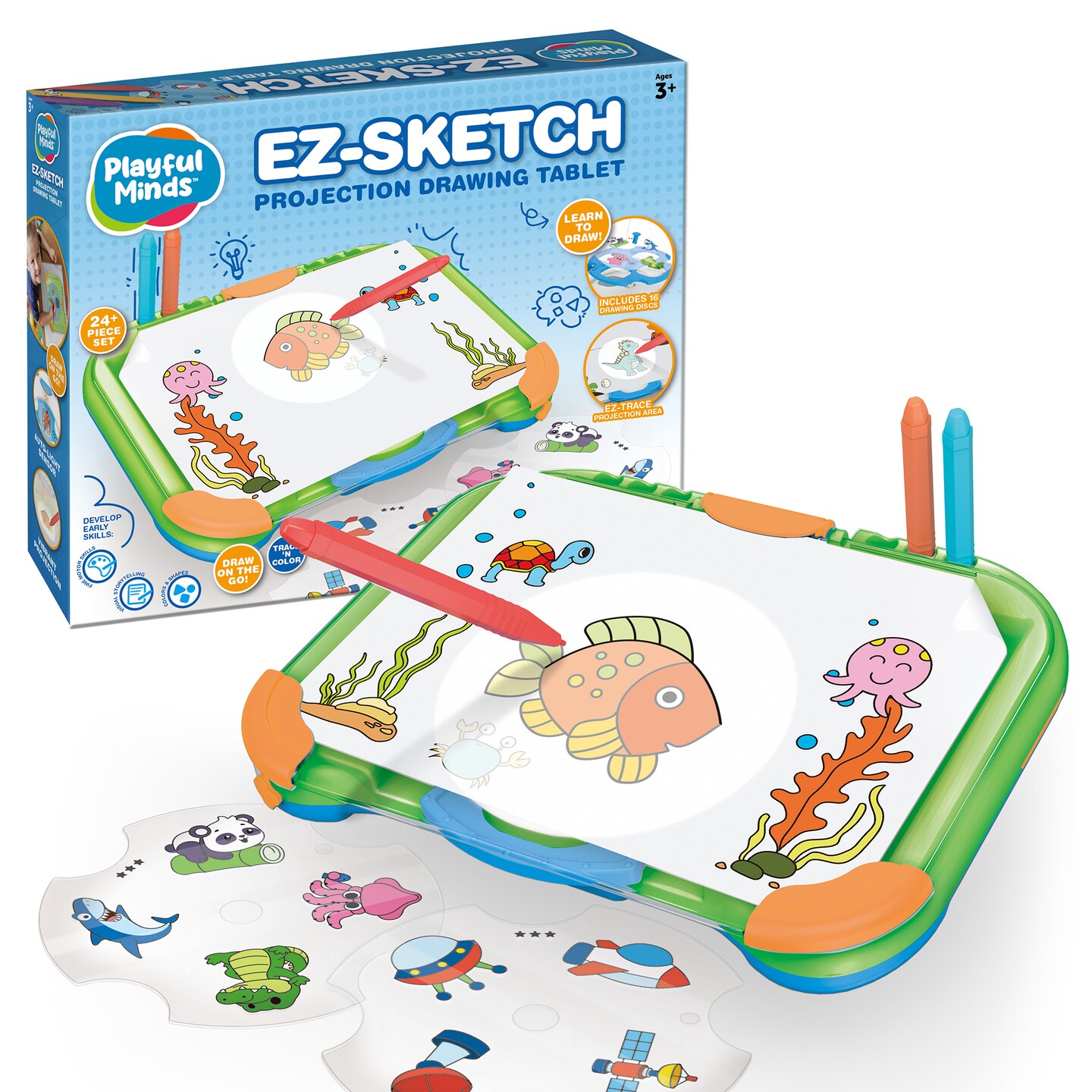 Playful Minds: EZ Sketch Projector Drawing Tablet - Trace & Color Light Up Art Kit, 64 Cartoon Animals & Images, 6 Markers, Learn To Draw Toy, Kids 3+