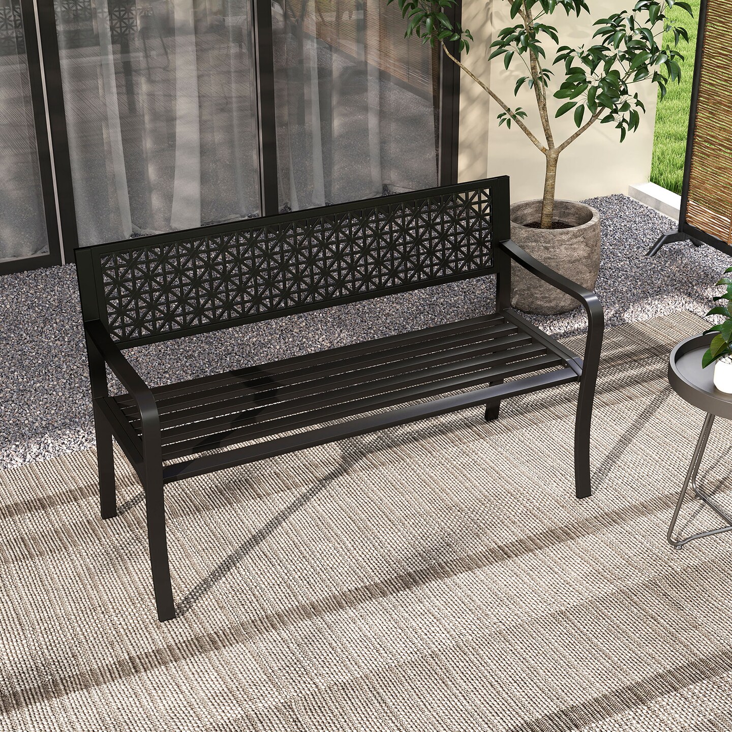 Outdoor Metal Garden Bench 50" with Decorative Backrest for 2-3