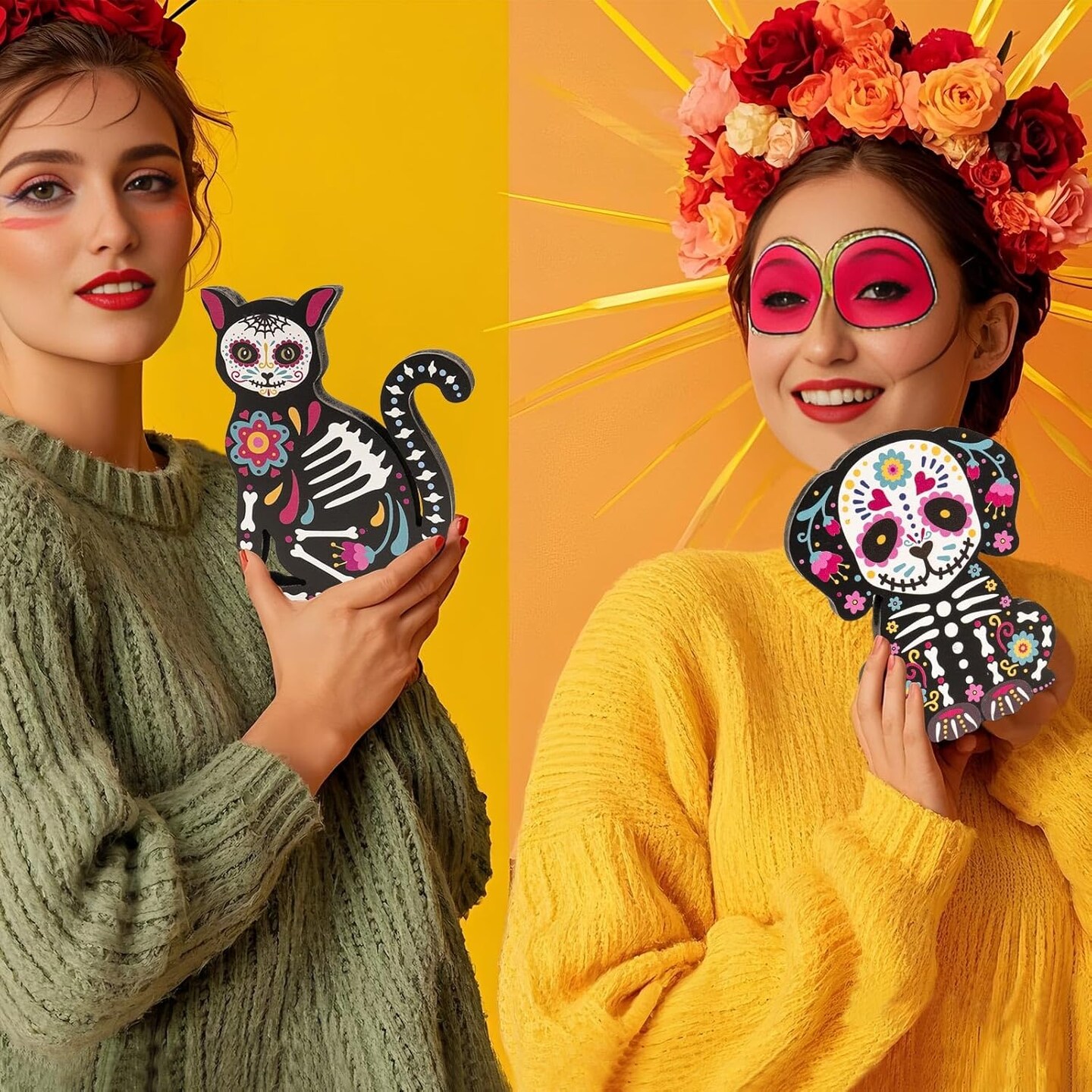 Wooden Day of The Dead Dog Cat Figurine, 2 Piece Dia De Los Muertos Ofrenda Altar Sugar Skulls Altar Table Decorations