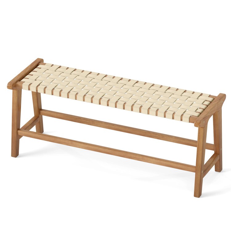 Natural-Beige Teak Wood Backless Bench with Woven Seat for Indoor and Outdoor