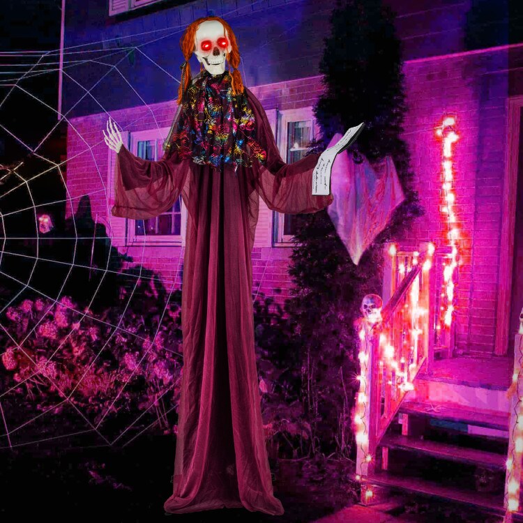 Life-Size 6ft Purple Halloween Animated Girl Prop with Moving Arms Sound and Flashing Eyes